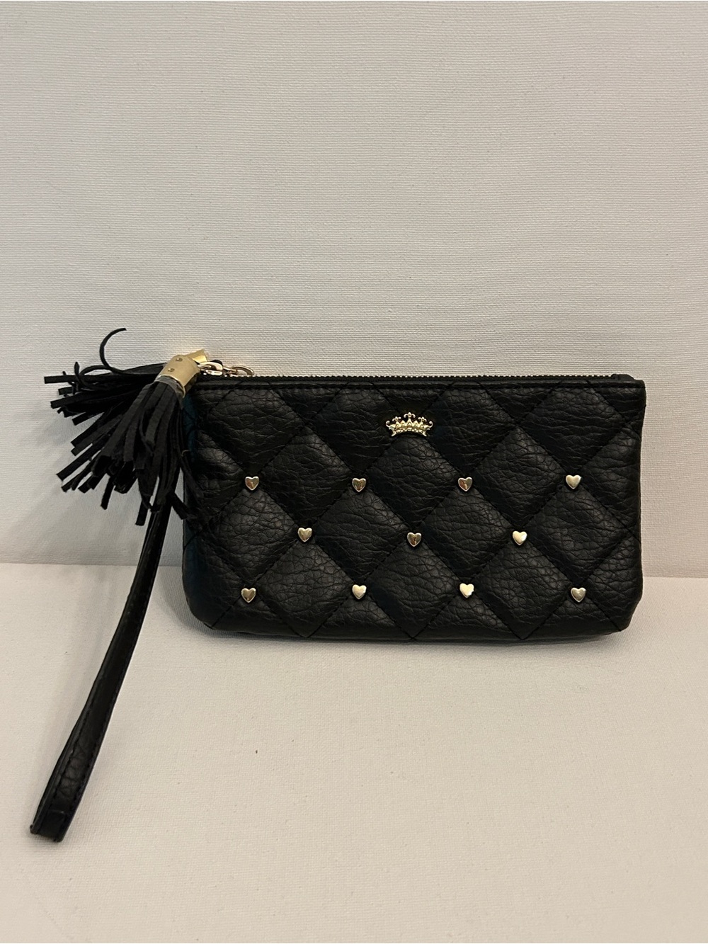 Juicy Couture Quilted Black Wristlet Clutch with Gold Heart Accents